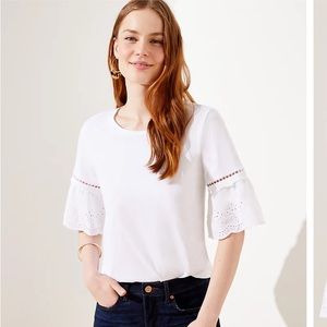 Loft White Eyelet Flutter Short Sleeve Blouse Cottagecore